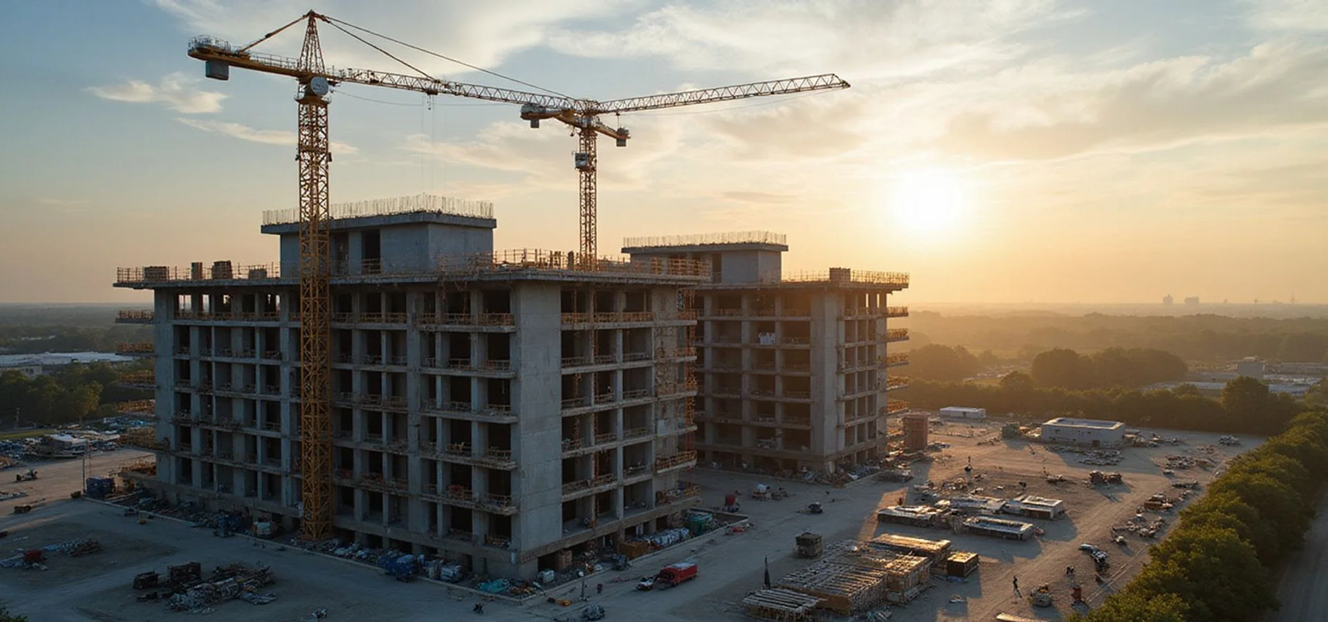 Professional construction site with commercial building under construction